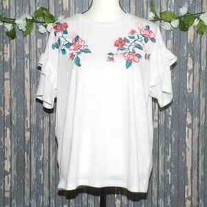 Paper Crane White Boho Top T-Shirt Size L Embroidered Floral Roses Ruffle Sleeve
